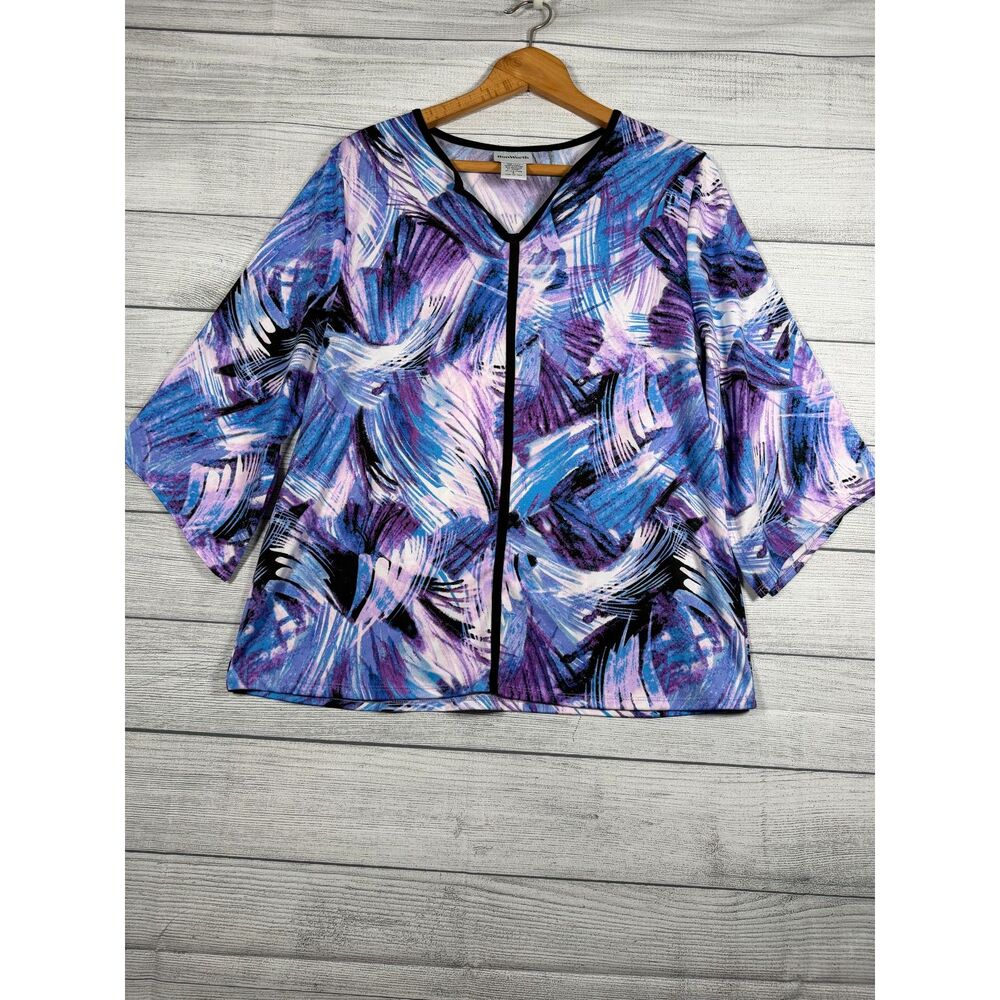 BonWorth Women’s Small Blue Purple Abstract 3/4 Sleeve V Neck Tunic Top 4178